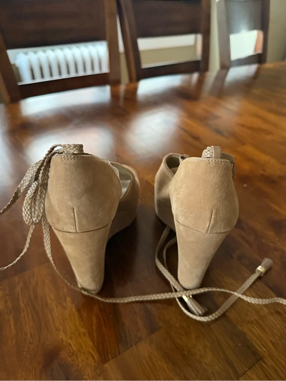MICHAEL Michael Kors Tan Suede Peep-Toe Platform Sandals with Braided Ankle Ties